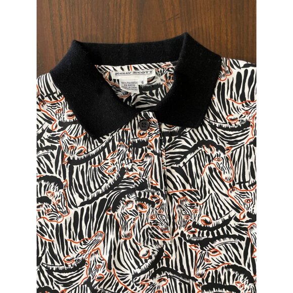 Vintage Kelly Scott Zebra Print Black Collar Womens Polo Blouse Shirt sz 6 - Picture 3 of 11